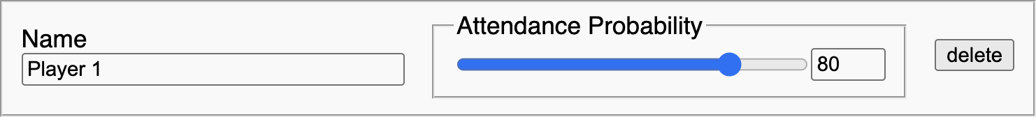 A group of user interface form elements: A “name” text input, an “attendance probability” number slider and number input, and a “delete” button.